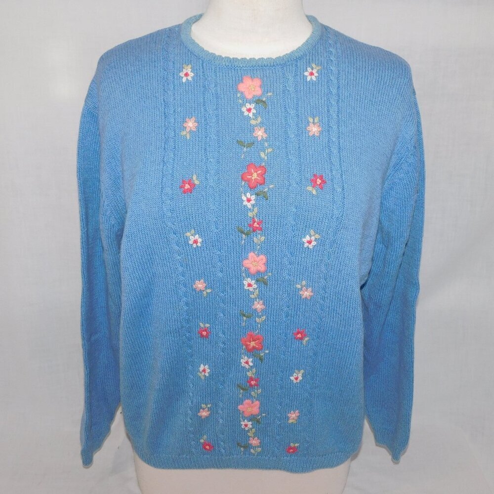 VTG Tulchan Blue Pink White Embroidered Flowers Floral Knit Sweater Womens XL